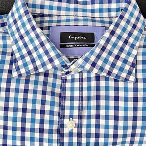 Esquire Men’s Button Down L 16 1/2 34/35 Blue Checker Long Sleeve Collar Cotton